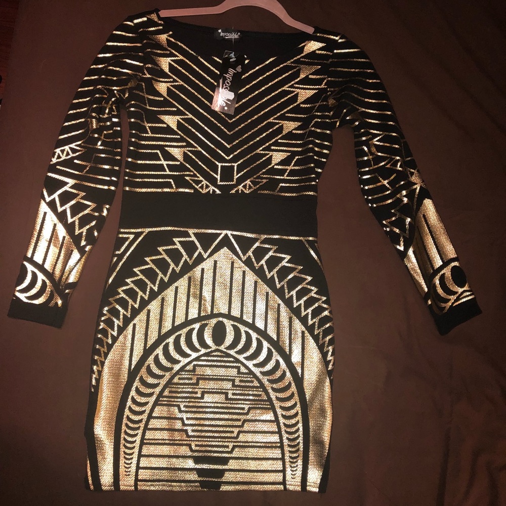 Black $ Gold, Long sleeve, Bodycon Dress